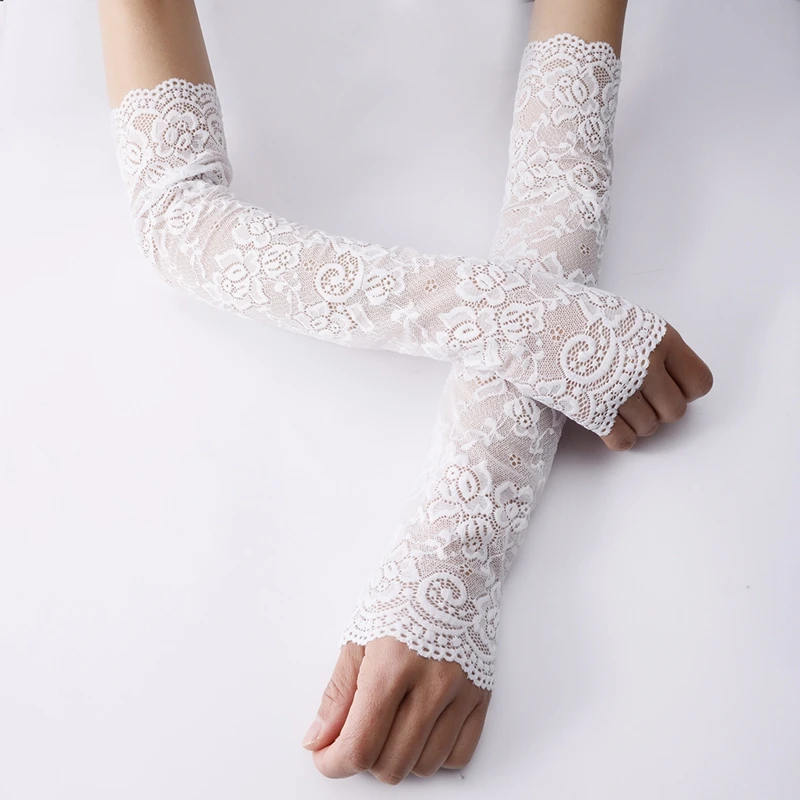 レディースレース装飾アームスリーブロングエレガントドライビングウェディングパーティーグローブガールズ夏通気性弾性フィンガーレスミトン