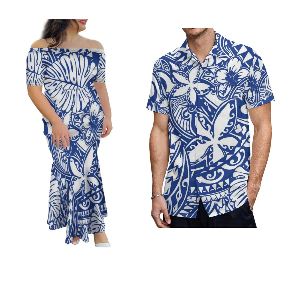 Tribal Print Skirt For Women Men'S Shirt Polynesian Couple Set Samoa Fiji Hawaiian Island Dress Strapless Fishtail Skirt