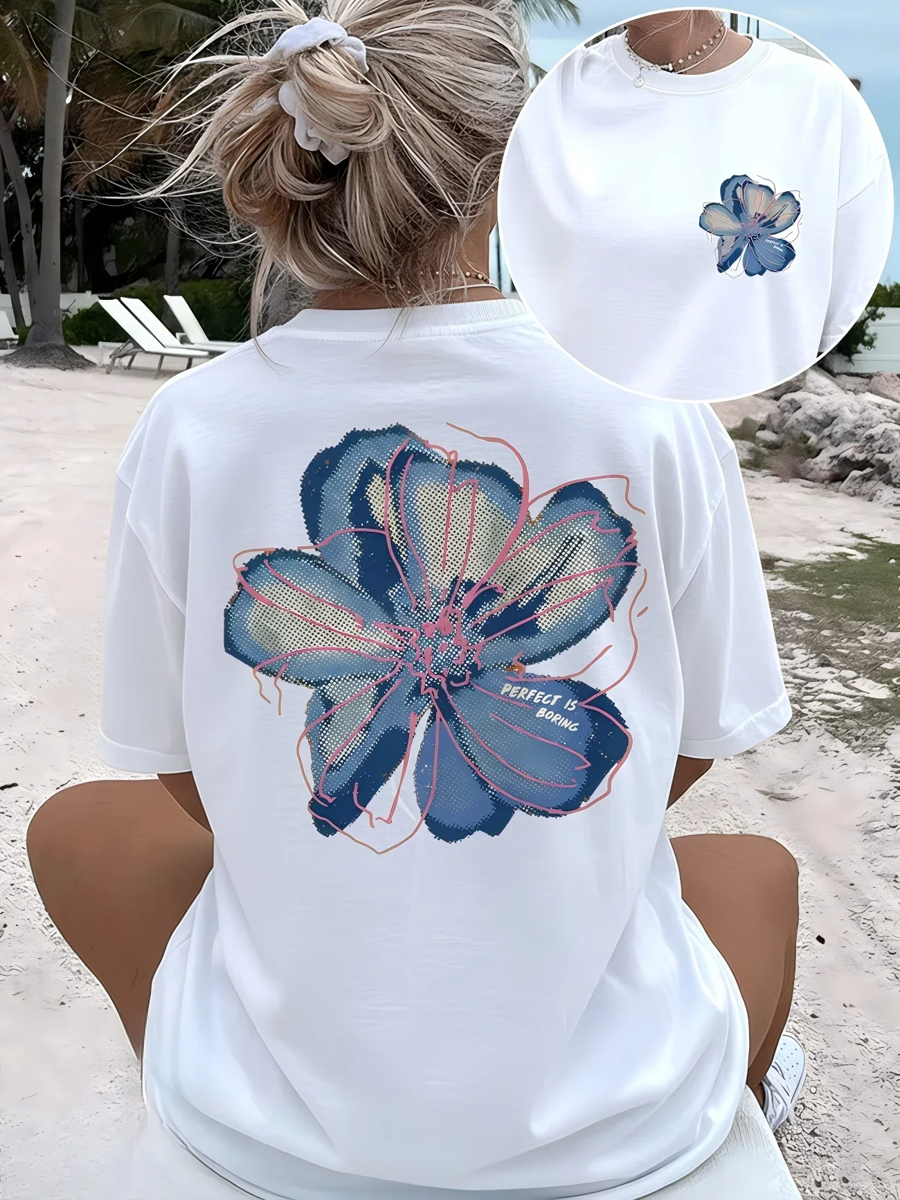 Perfect Is Boring Floral Graphic T Shirt Women Blue Flower Back Print Tee Summer Casual Retro Aesthetic Harajuku Fashion Top