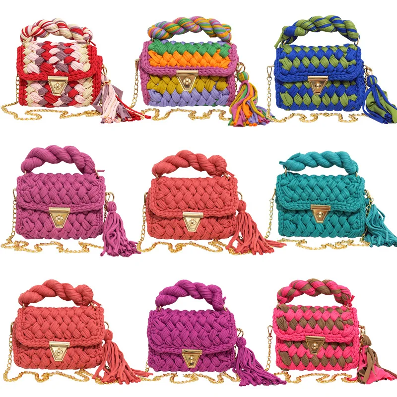 Handwoven women's contrasting color handbag with colorful chain diagonal cross bag