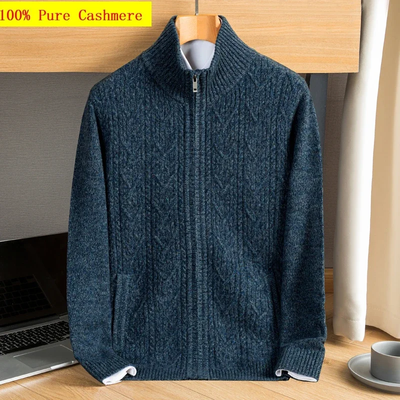 New Arrival Fashion Autumn and Winter 100% Cashmere Men's Long Zippered Knitted  High-end Sweater Jacket Plus Size S-3XL 4XL 5XL