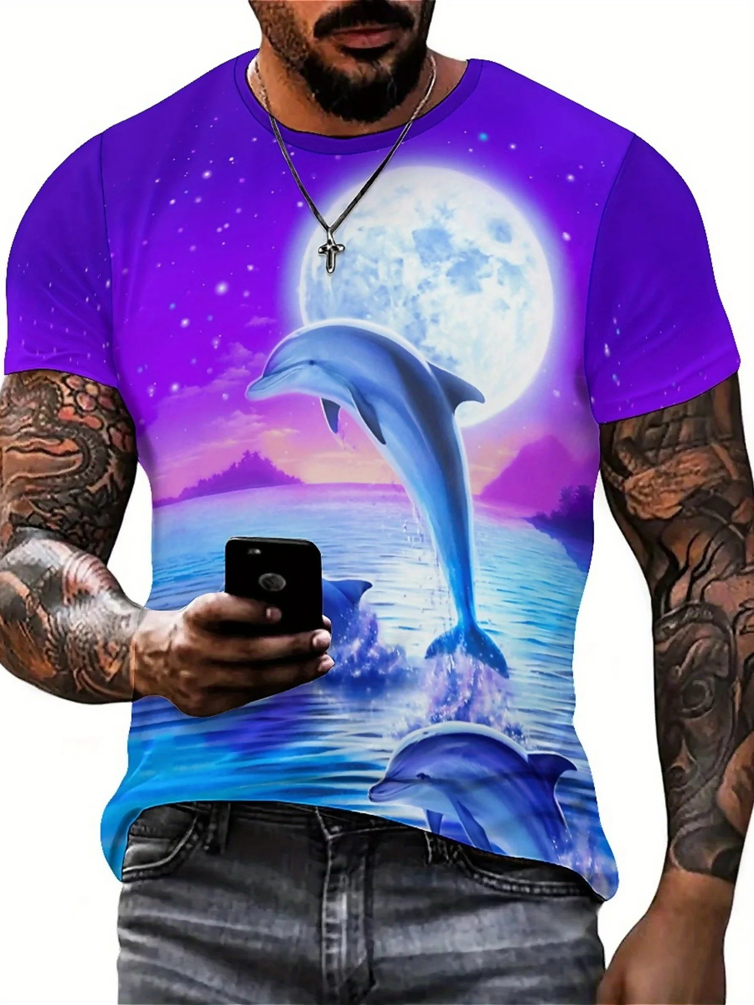 3D Dolphin Print T-Shirt | Unisex Polyester Tee with Moonlit Ocean Design | Vibrant Purple & Blue | Round Neck, Short Sleeve