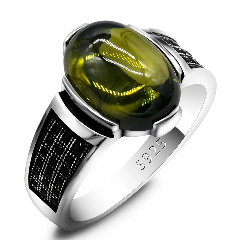 

S925 sterling silver oval green zircon men's ring, luxurious and authentic, exquisite Türkiye lucky jewelry