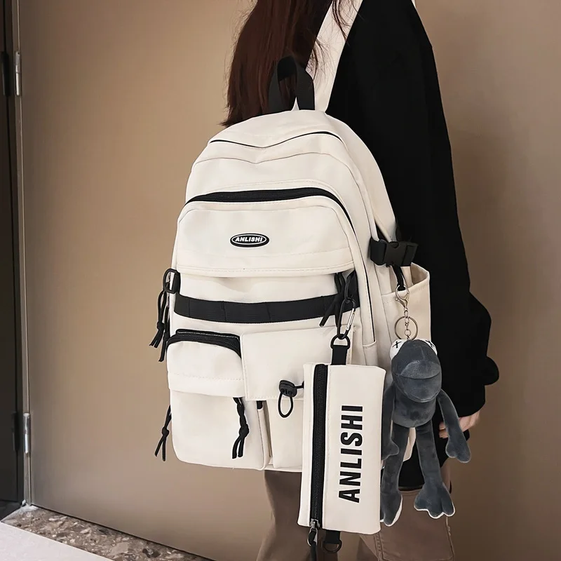 

1pcs Nylon Backpack With Side Water Bottle Pocket Vintage Letter Trendy Large Capacity School Bag For Ladies Daily Use