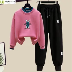 Plush Casual Women's Suit 2022 Winter New Style Fake Two-piece Embroidery Top High Waist Harun Pants Two-piece Set