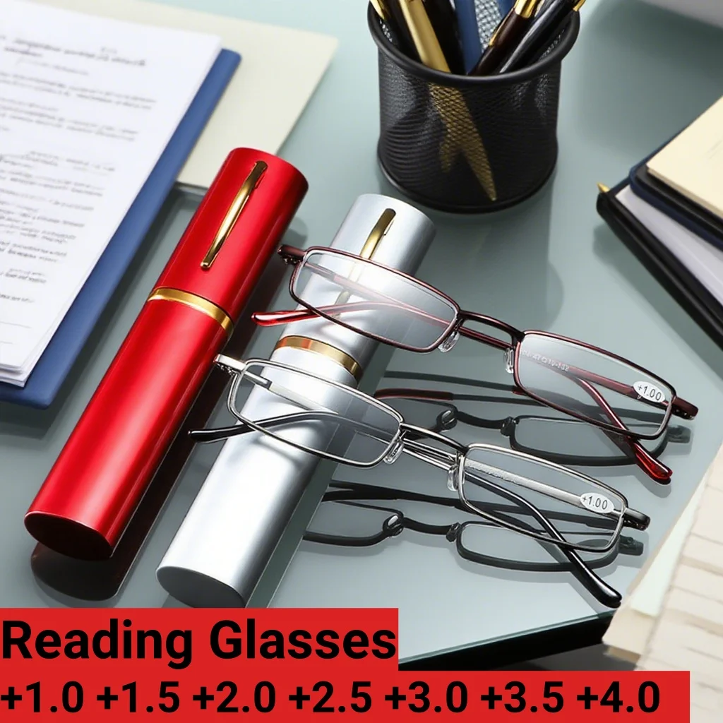 

New Mini Portable Pen Holder Women's Presbyopia Glasses Retro Ultra Light Neutral HD Elderly Anti Blue Light Reading Glasses