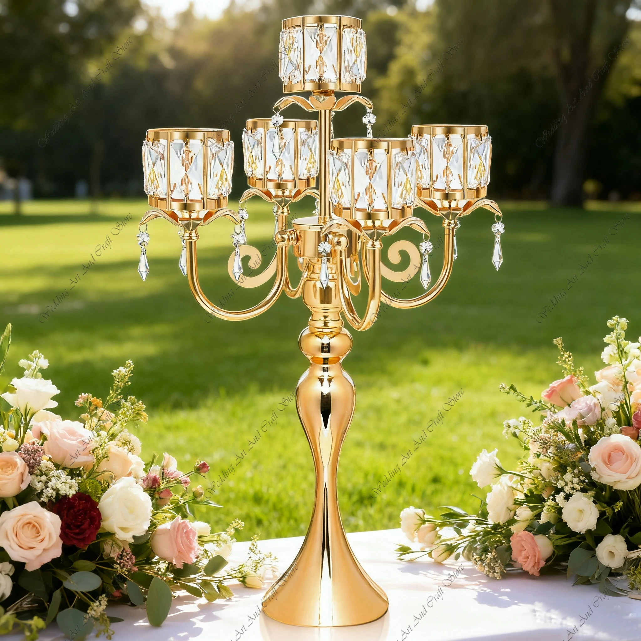 

6pcs 5 Arm Crystal Candelabra Wedding Centerpieces Gold Metal Candle Holders Wedding Dinner Decoration Table Centerpieces ivy128