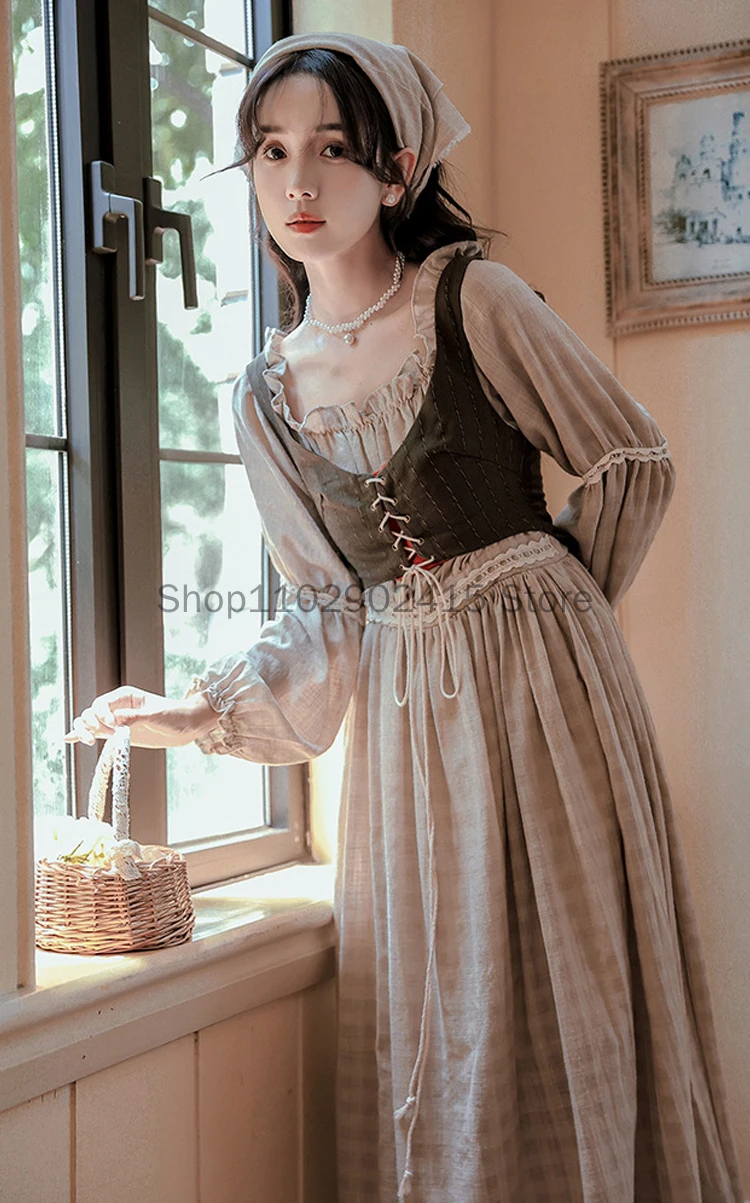 Women Medieval Victorian Cosplay Costume 2pcs Solid Retro Lantern Sleeves Ruffle A-Line French Dresses With Vest Dress For Women