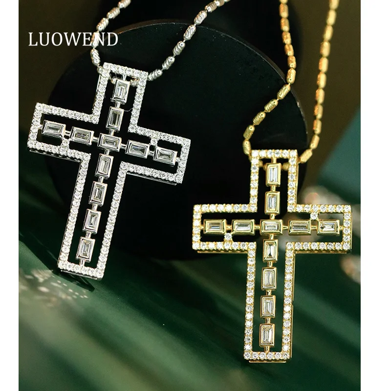 

LUOWEND 100% 18K White/Yellow Gold Pendant Fashion Design Real Natural Diamond Cross Pendant for Women High Party Jewelry