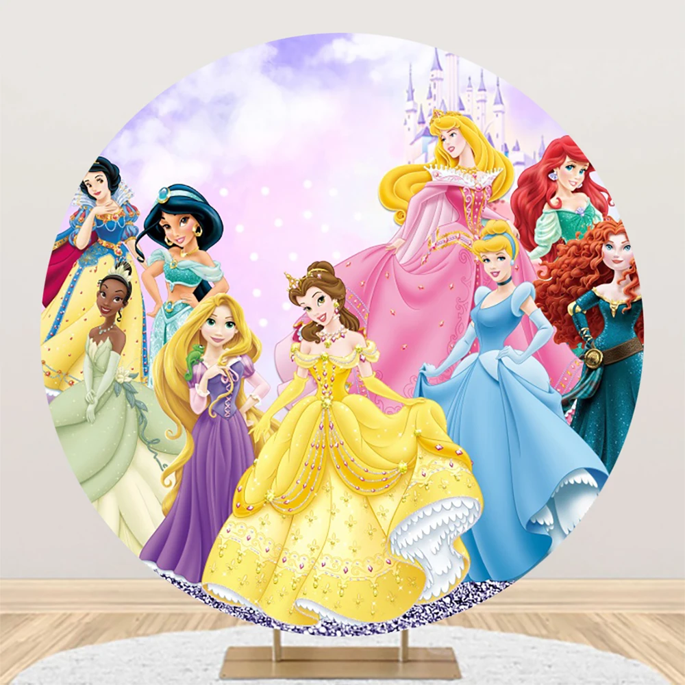 ディズニープリンセスの誕生日パーティーの装飾アクセサリー,丸い背景,写真の背景,ベビーシャワー,女の子のバナー,子供のアクセサリー