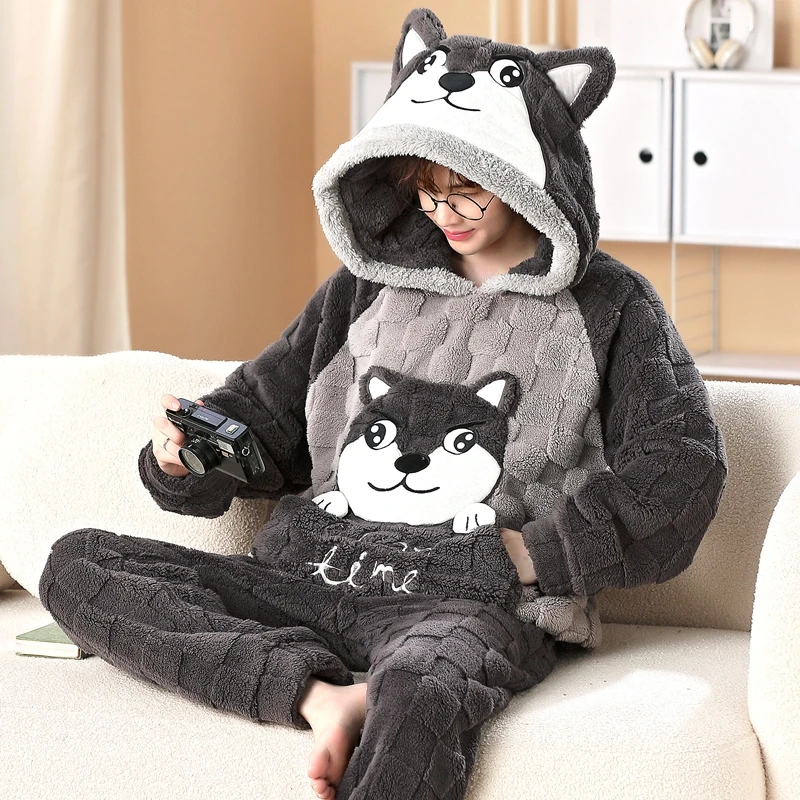 Bonito animal com capuz pijamas para pijamas de inverno masculino define pijamas de manga longa engrossar quente flanela macia sleepwear plus size