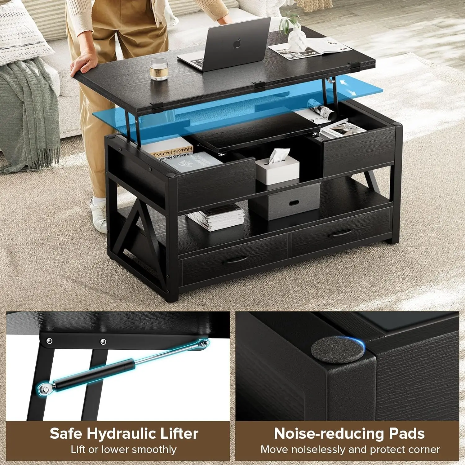 40" Lift Top Coffee Table,4 in 1 Multi-Function Lift Coffee Tables with Storage Drawers and Hidden, Customized