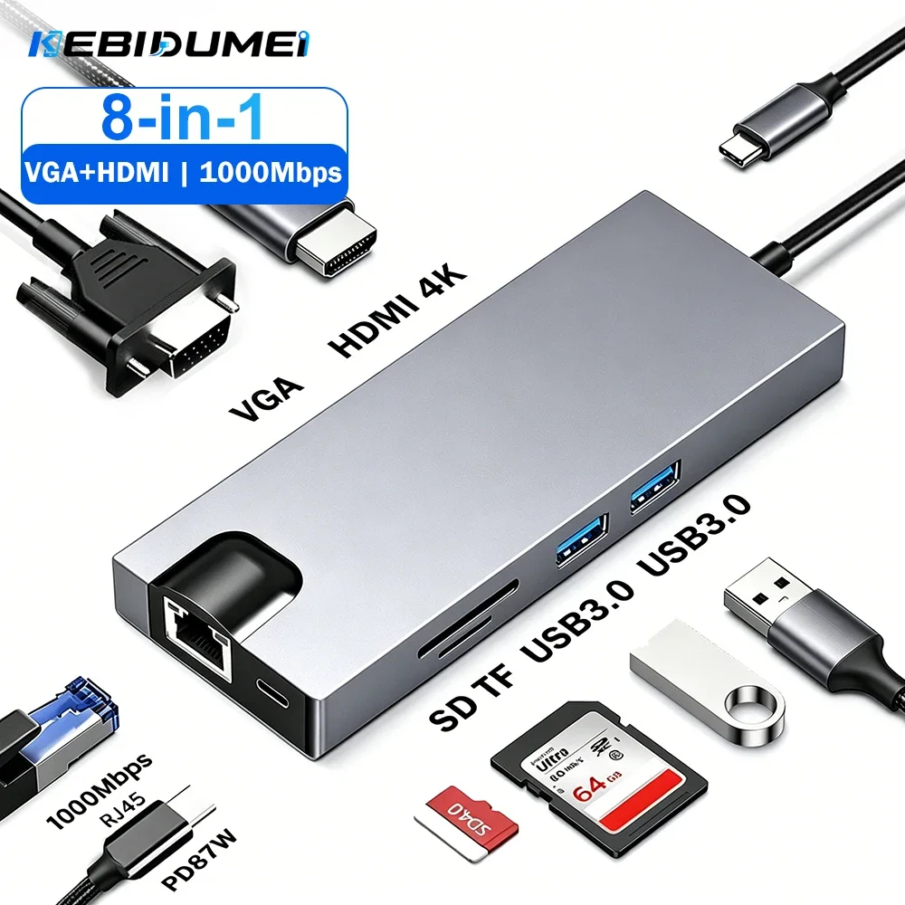 KEBIDUMEI Gigabit Ethernet USB C HUB VGA HDMI Dual Video Docking Station Type C to HDMI PD100W SD TF Card Reader for PC MacBook