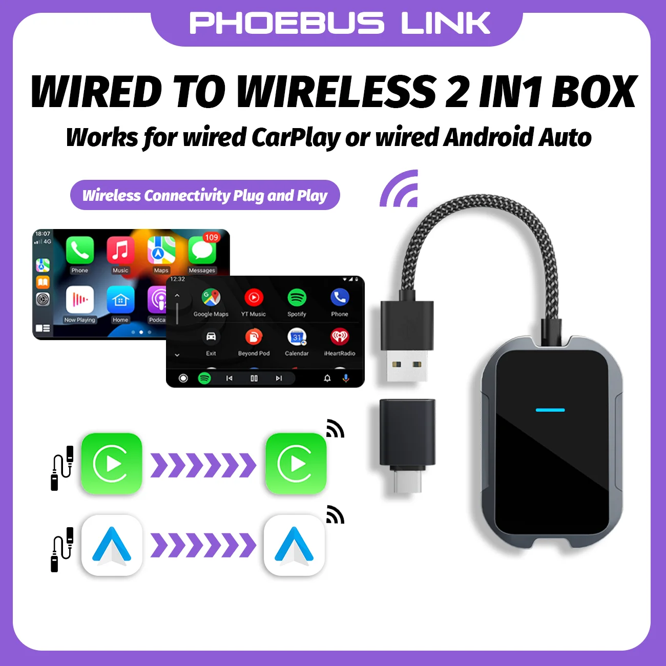 Wirelss Apple iP0ne Carplay Android Auto Dongel Carplay Sem Fio  2-In-1 Original Car Wired Carplay To Wireless For Skoda Peugeot