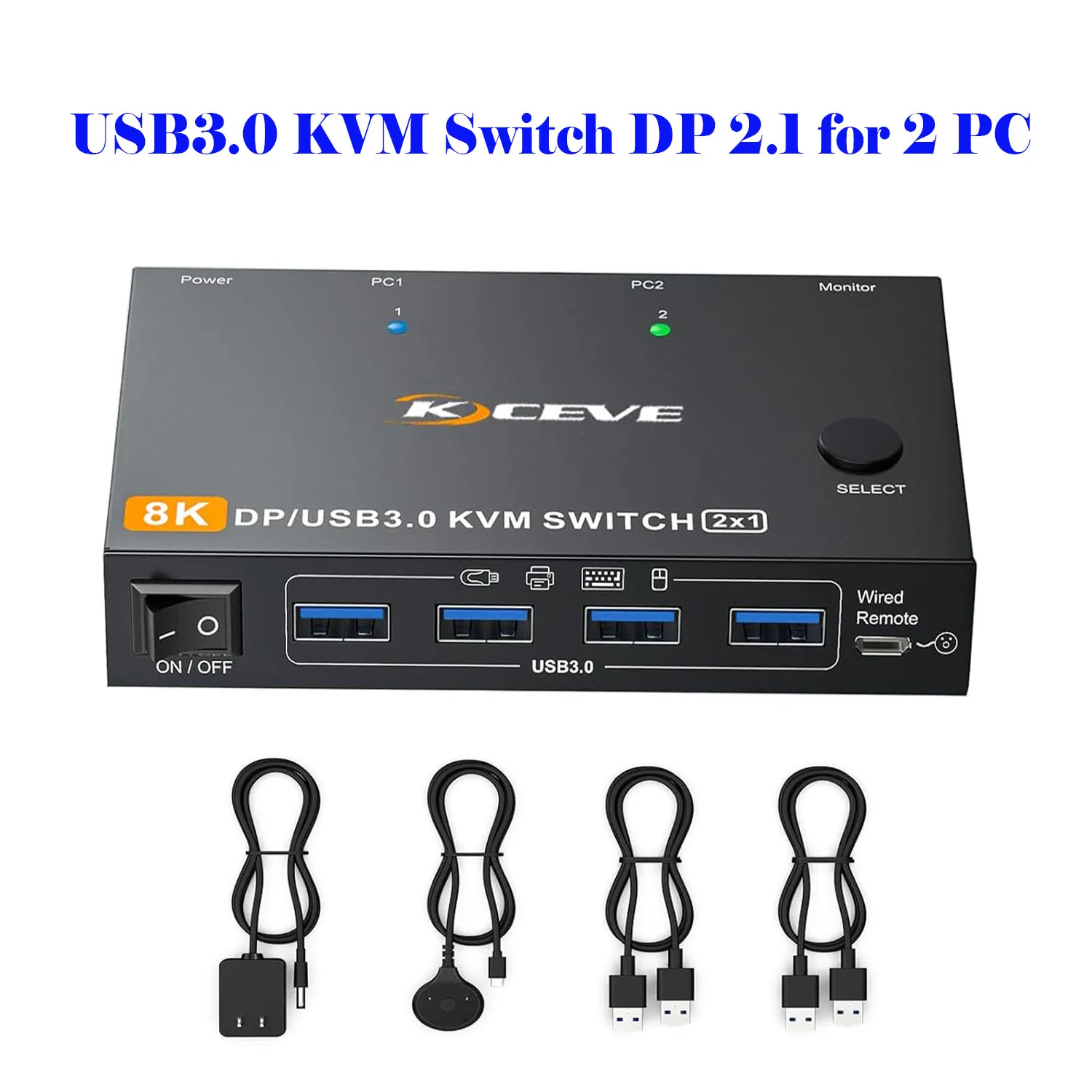 8K@60Hz KVM Switch 2 Computer 1 Monitor Displayport, USB3.0 KVM Switch DP2.1 for 2 PC Share 4 USB3.0 Devices and Power Supply