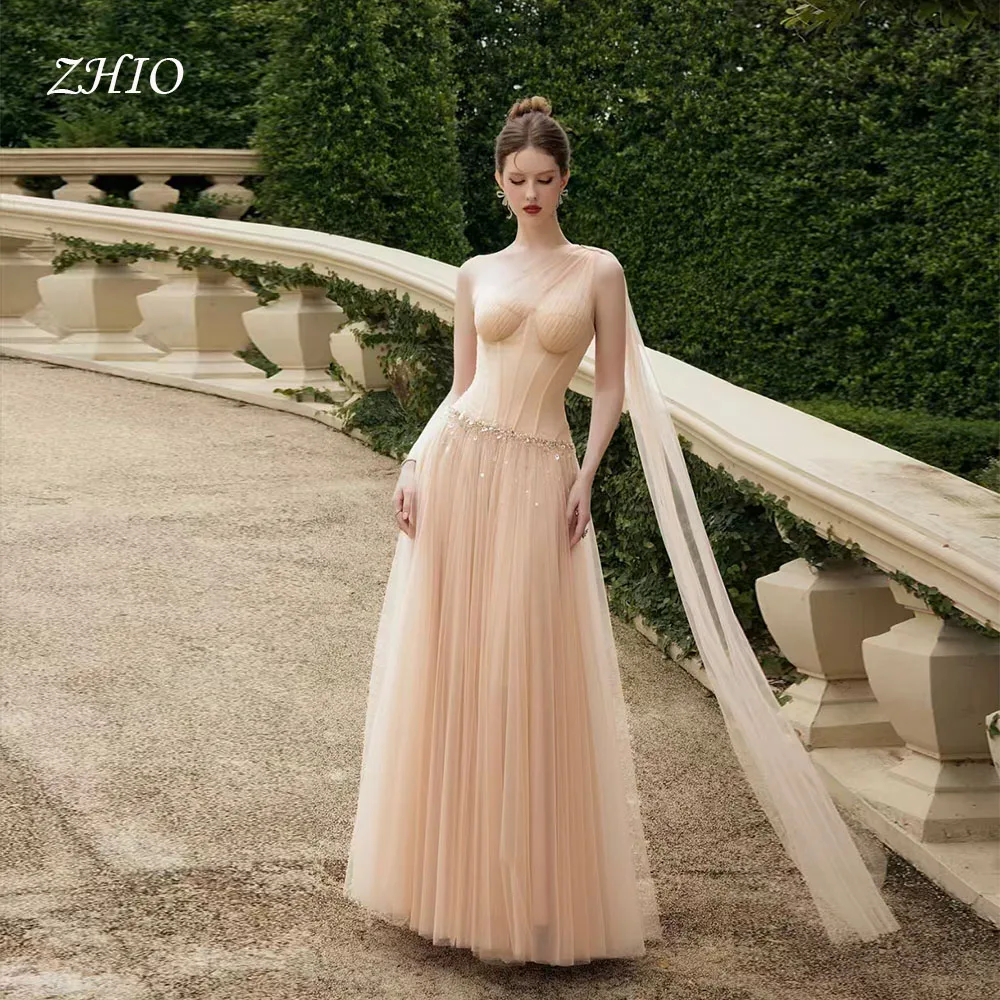 ZHIO 우아한 샴페인 튤 비즈 이브닝 드레스 원 숄더 롱 자켓 A라인 특별한 날 웨딩 파티 프롬 가운 맞춤 제작