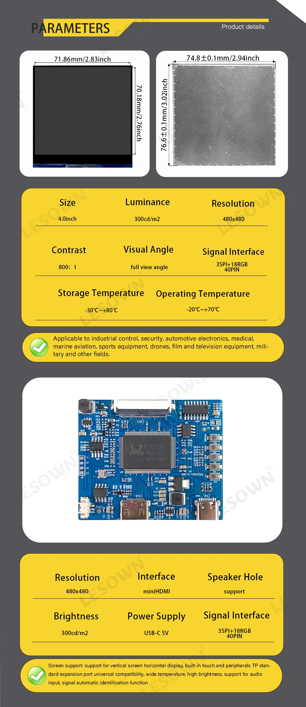 LESOWN 4in Pantalla de Monitor Zero Config Square Display Matrix 450cd/m2 with USB-C Power for Instrumentation