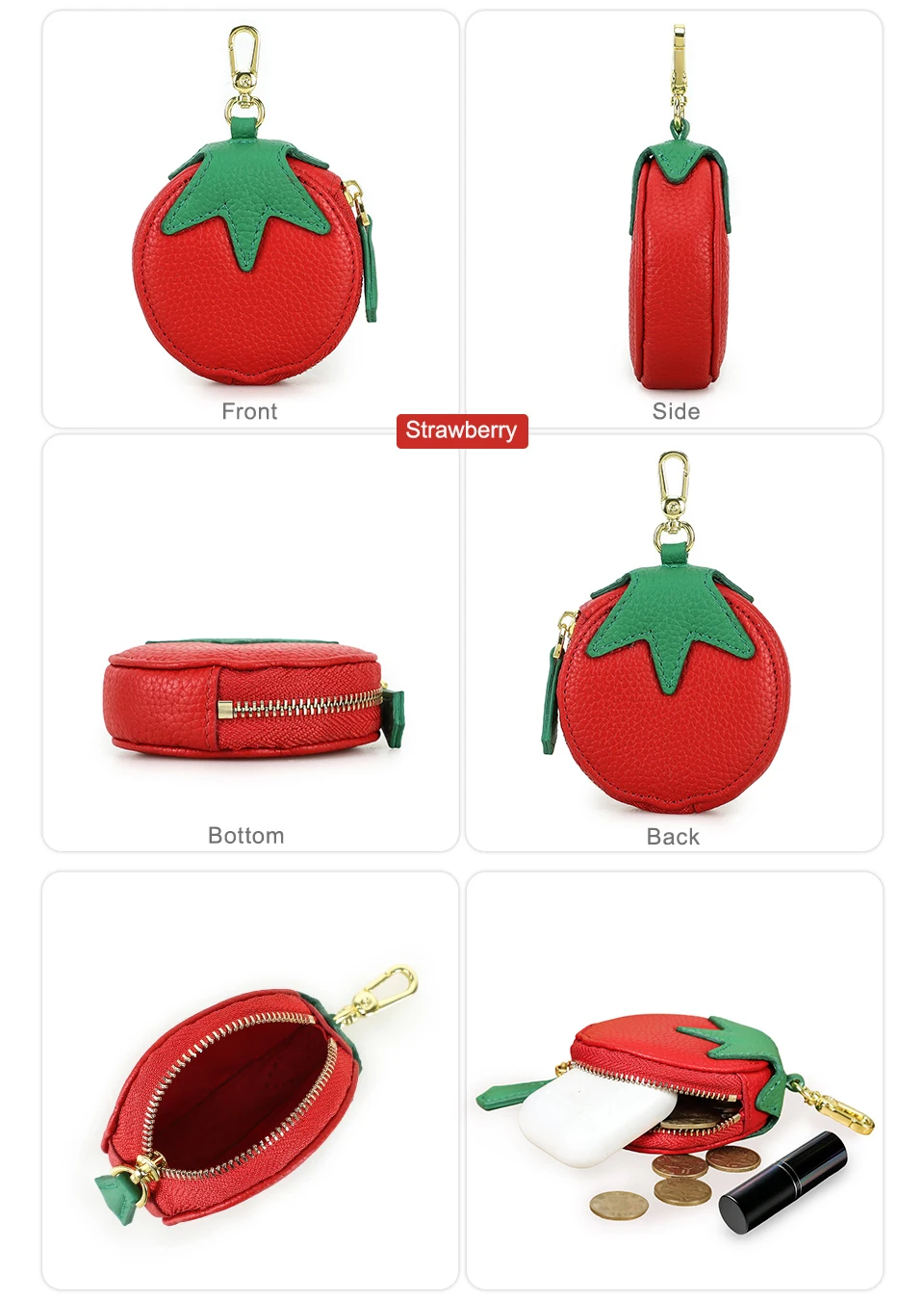 CONTACT'S Genuine Leather Bag Charm, Fruit Series Mini Pouch Keychain, Cute Handbag Pendant for Women, Female Small Item Holder