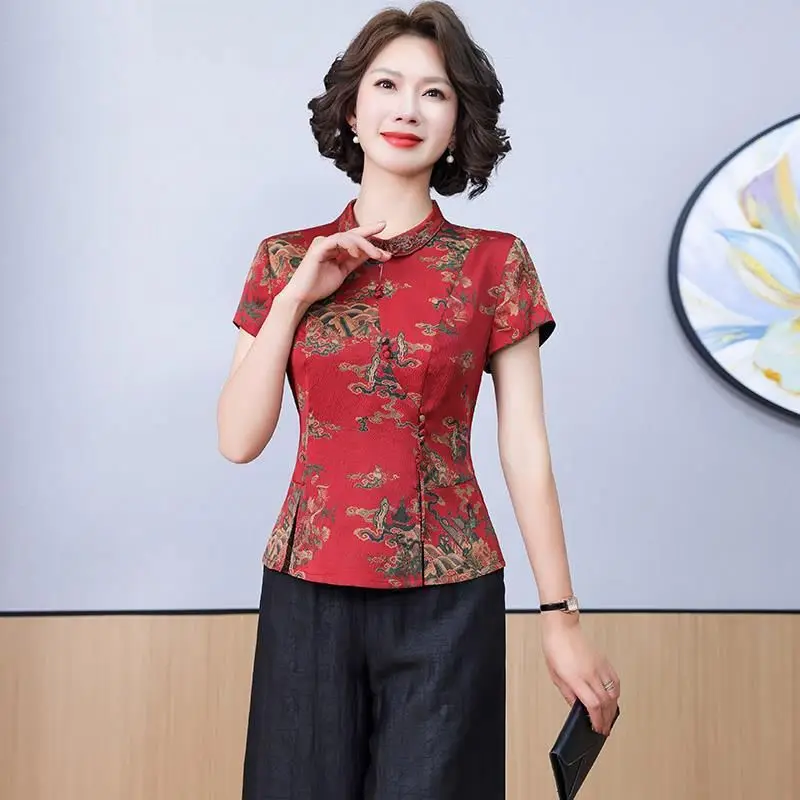 Xiangyun Yarn Top Summer Mid-Style Tang Suit Faux Silk Shirt Mother Clothes 2022 New Counter Mulberry Silk Short Sleeve