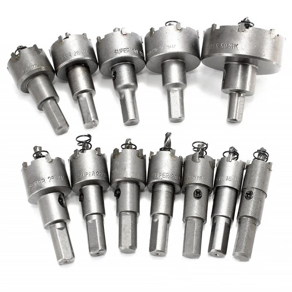 12Pcs15-50mm Set Carbide Tip TCT Metal Cutter Core Drill Bit Kits for Stainless Steel Metal Drilling Crown Alloy Hole Saw