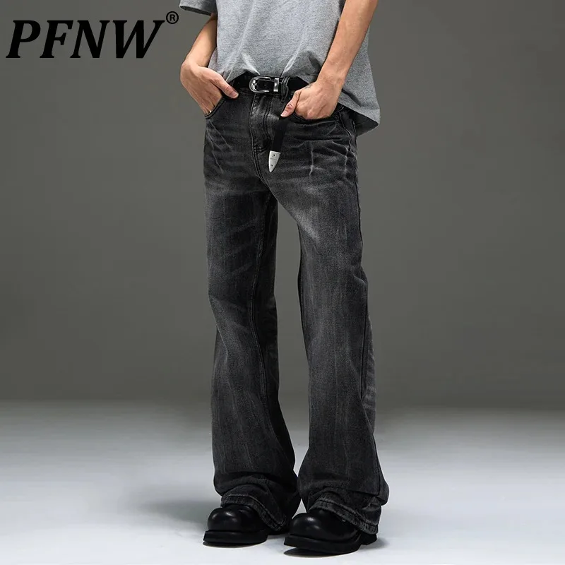 

PFNW Lightning Striped Worn-out Washed Male Jeans High Street New Men's Loose Straight Leg Pants Trendy Autumn Trousers 28W4325