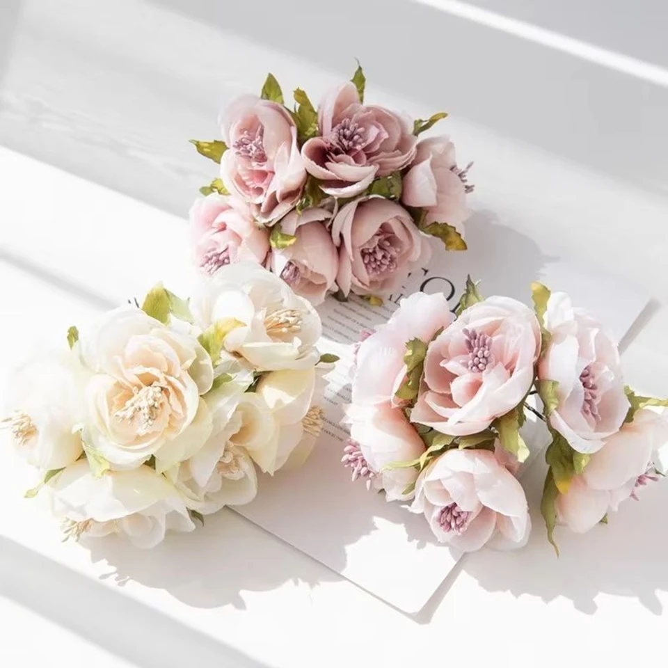 6PC Artificial Flowers Wedding Bouquet Scrapbook Valentine Decoration Wreath Home Garden Silk Stamen Tea Roses Bud Diy Gift Box