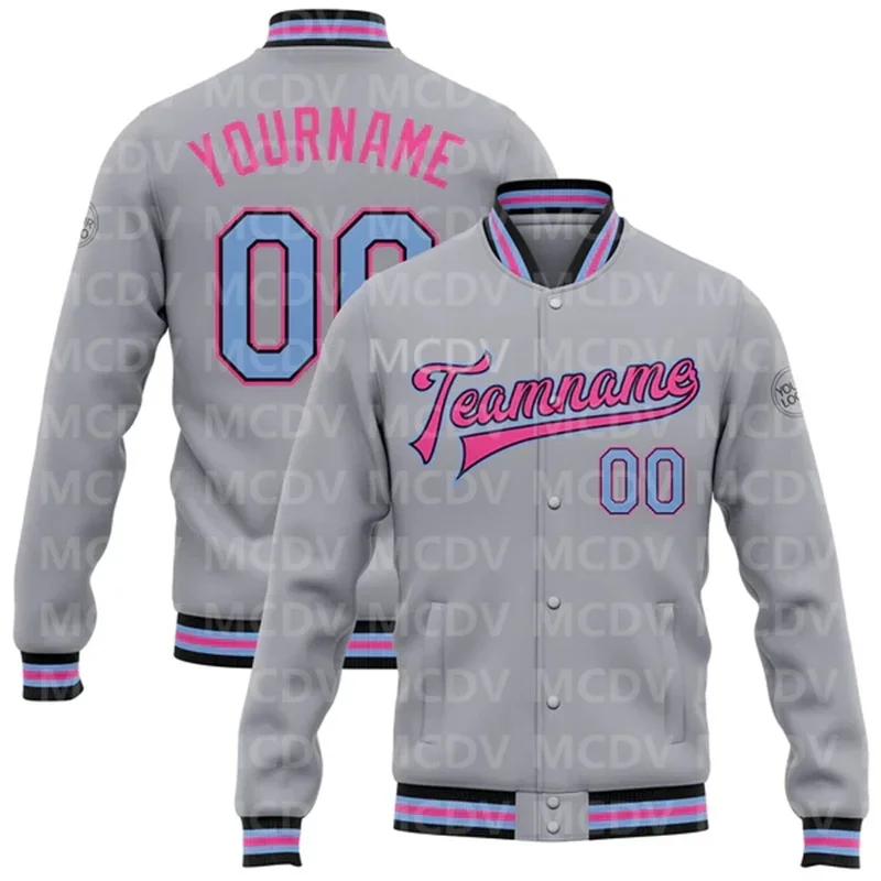 Custom Gray Light Blue Black-Pink Bomber Full-Snap Varsity Letterman Jacket  Baseball Button Jacket