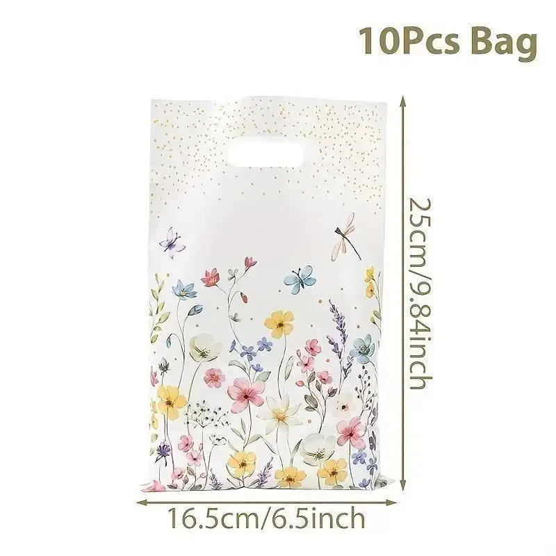 10/50pcs Wildflower Theme Plastic Gift Bags,Leaf and Flower Design,Nail Hole Handle,Perfect for Mother's Day,Weddings,Birthdays