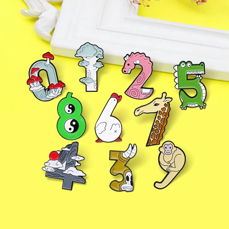 Cute Animal Arabic Number Letters Enamel Pin Goose Monkey Hippocampus Ox Skull Giraffe Yinyang Color Brooches Badges Jewelry