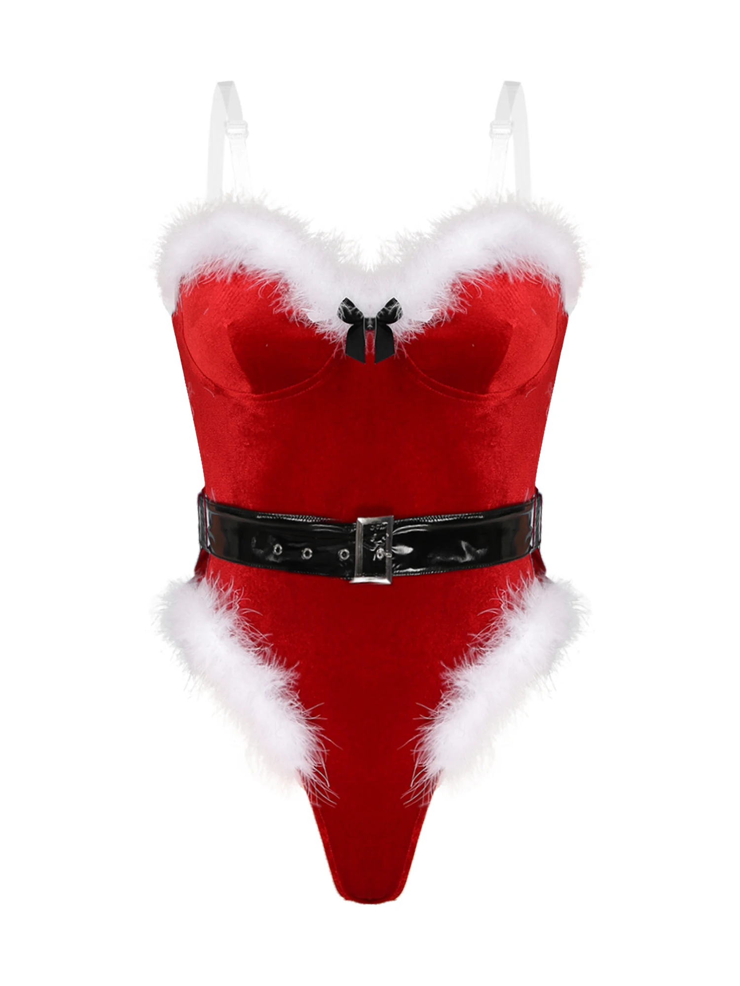 Womens Christmas Costume Red Velvet Strapless Mrs Santa Bodysuit with Belt Xmas Fancy Dress Up New Year Holiday Costume Romper