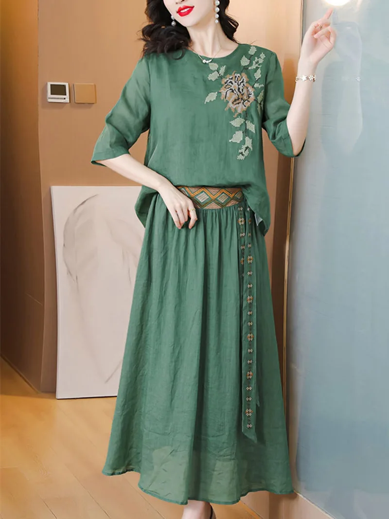 Chinese Embroidery Ramie Top Two Piece Set Summer Outfits For Women 2023 Elegant Literature Art Cotton Linen Skirt Suit C057