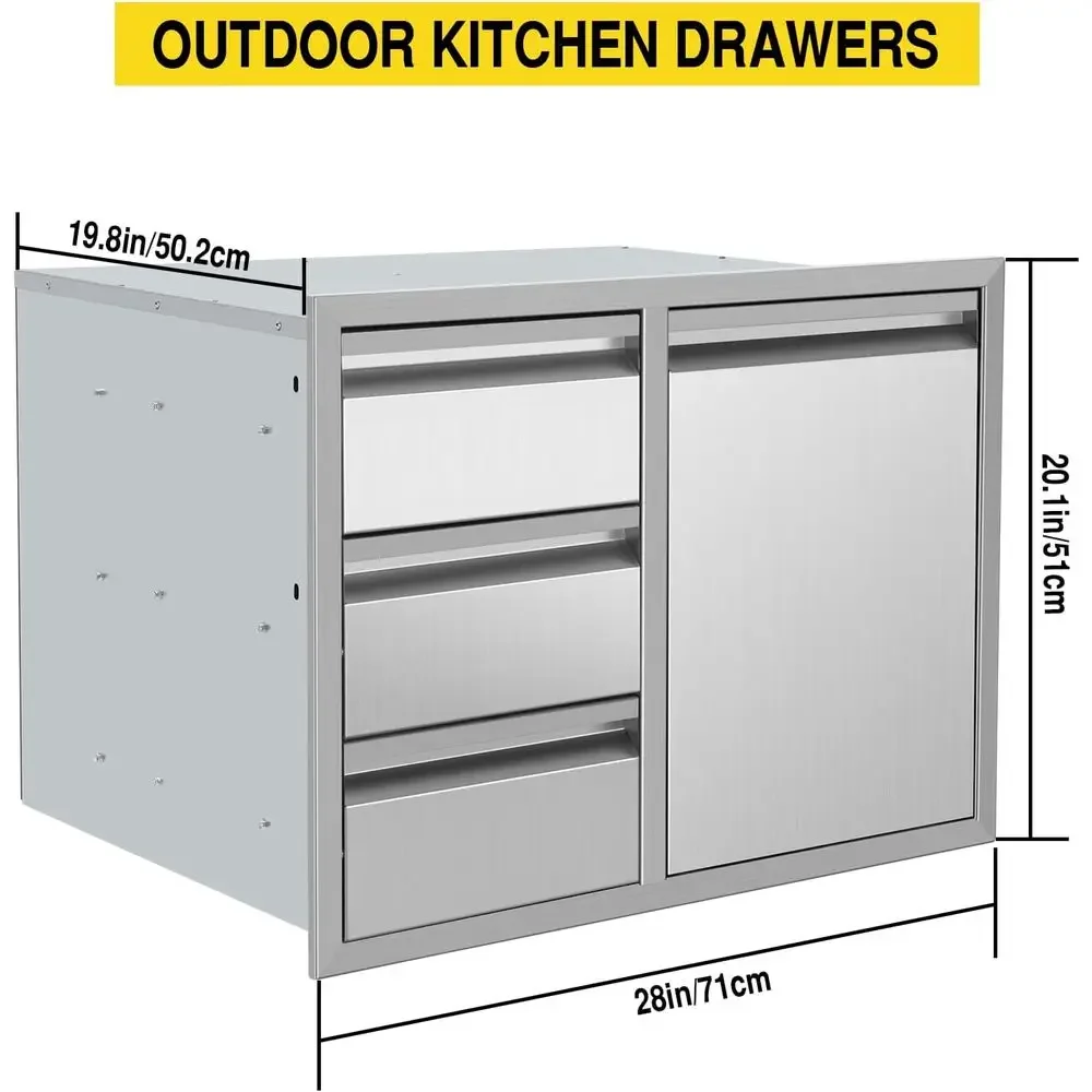Outdoor Kitchen Combo with Stainless Steel Triple Drawers and 2 Trash Bin Drawers, Enclosed Built-in Design for Luxurious Outdoo
