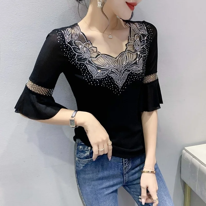 

#8168 Black Blue Elastic Mesh T Shirt Women O-neck Diamonds Hollow Out Sexy Butterfly Sleeve Short Tee Shirt Femme Korean Style