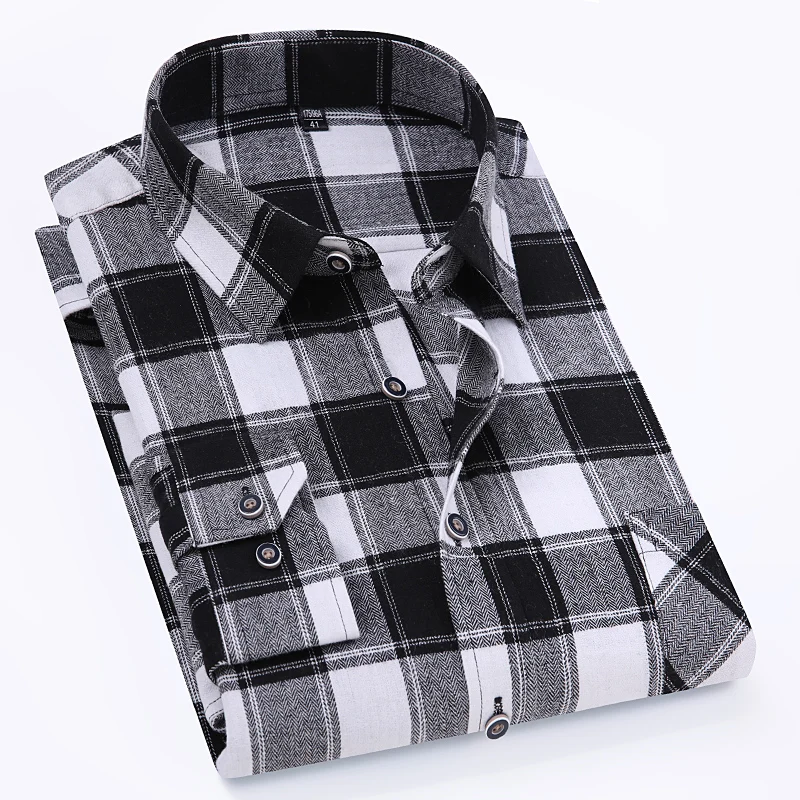 S-11XL Fashion Flannel Plaid Shirts For Men\'s Long Sleeve Cotton Design Young Casual Standard-Fit Thick Man Shirt Blouse Clothes