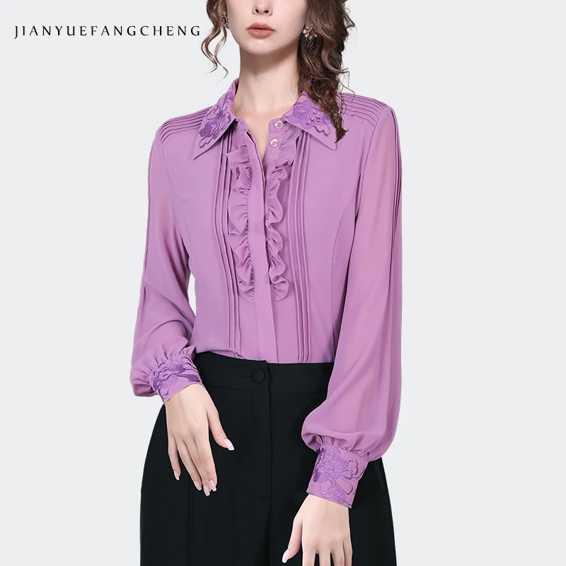 

Fashion Embroidered Pointed Collar Pink Chiffon Blouse Women Long Sleeve Lapel Collar Ruffles Tops Loose-fitting Casual Shirts