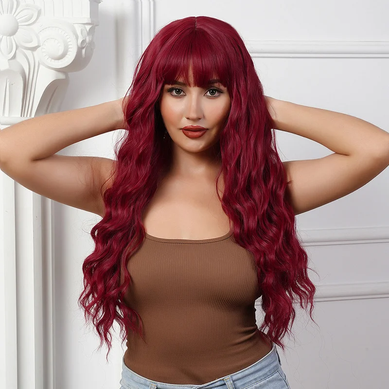 

New European and American Style Synthetic Wig Burgundy Long Curly Hair with Bangs Full Wig for Women