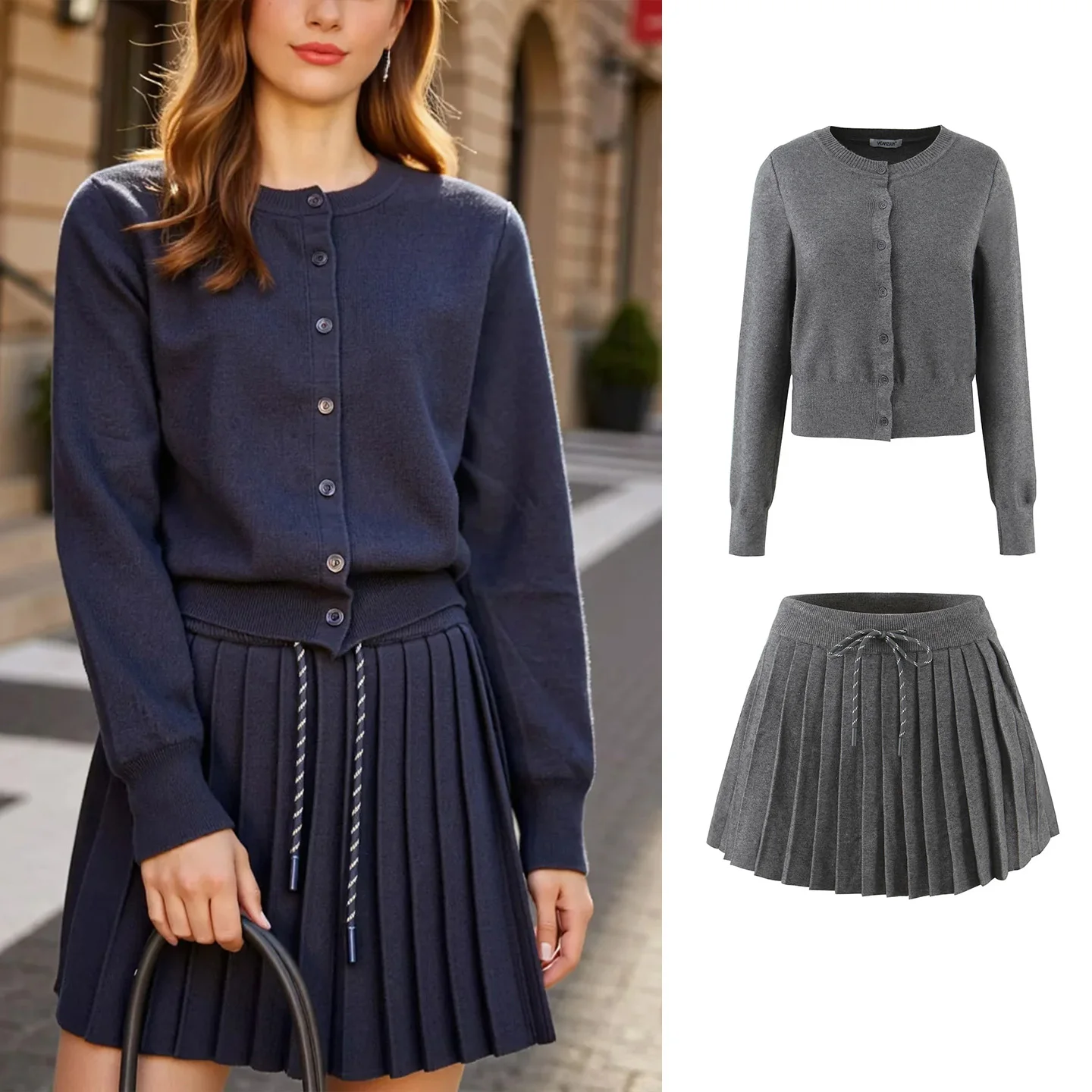 

Retro Sle Long Sve Knitted Sweater And Skirt Set round Ne Simple Design Autumn Faion Women's Ensemble High Waist