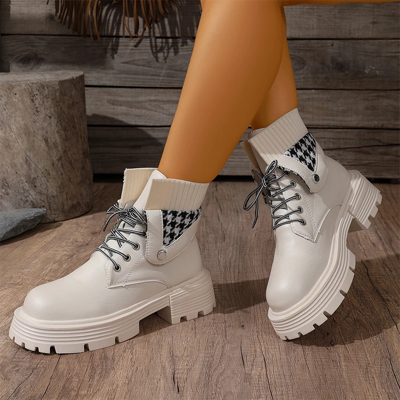 

Korean Black White Plaid Boots for Women Platform Pu Leather Modern Ankle Boots Woman 2026 Lace Up Thick Sole Booties Female