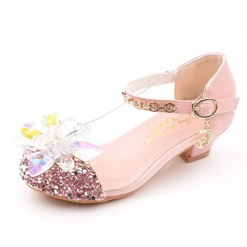 Princess Kids Leather Shoes for Girls Formal Dress Dance High Heel Shoes Fashion Glitter Children Wedding Leather Shoes Crystal