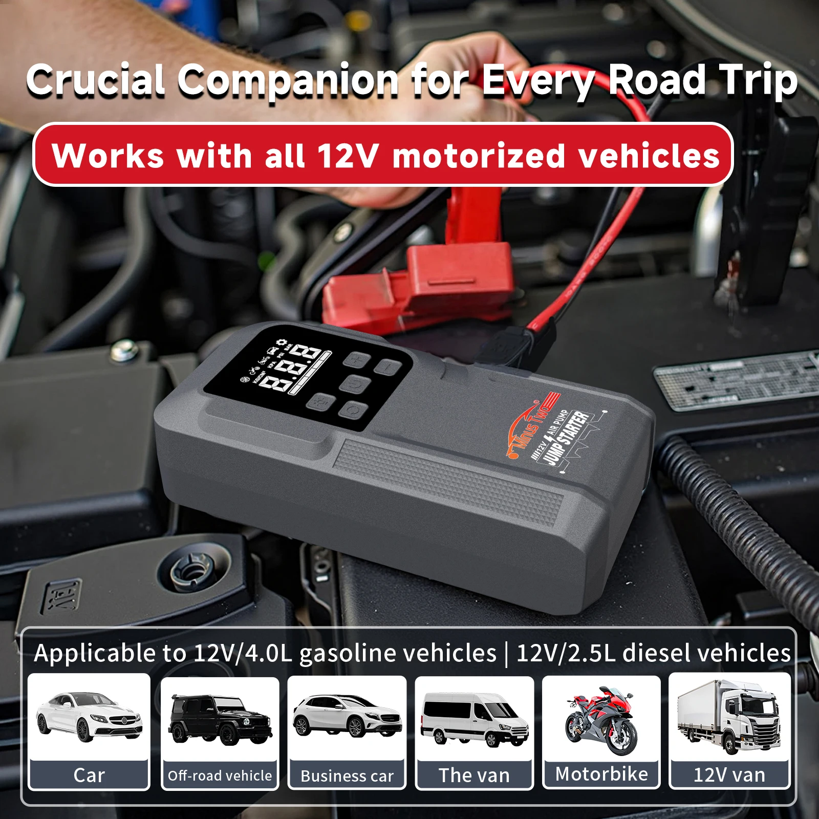 4-IN-1 Automotive Jump Starter: 1200A Peak Current with Integrated LED Work Light, USB Quick Charge, and Portable Power Bank.