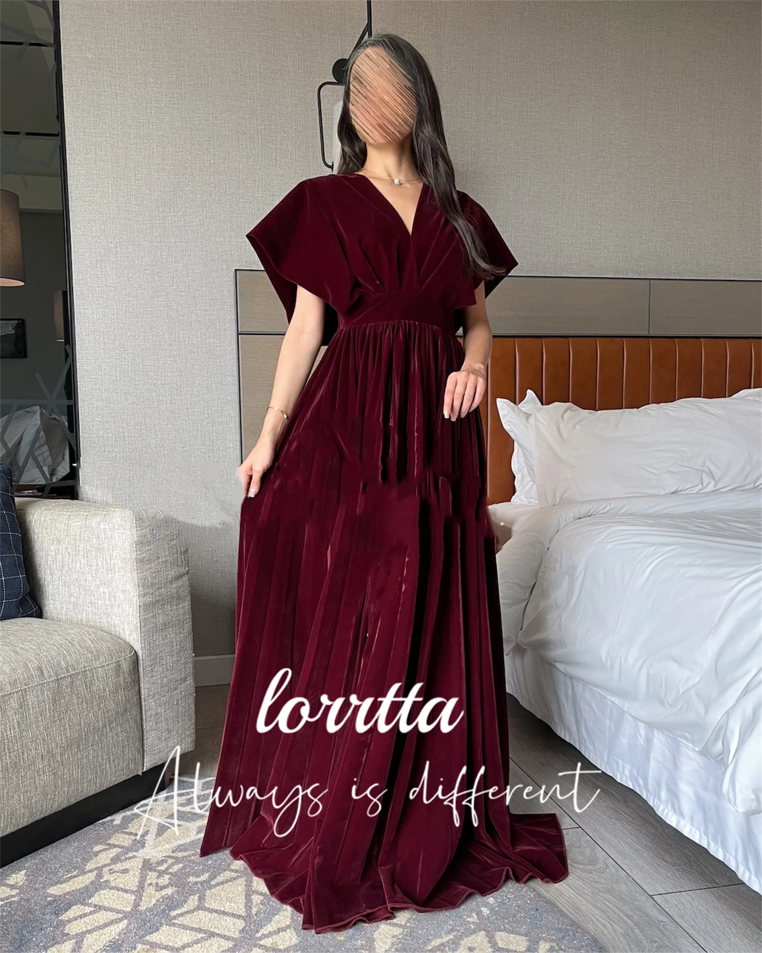 

Lorrtta A-line Ground-length Velvet V Collar Burgundy Folds Classic Birthday Party Dress Prom Dress Saudi Arabia فساتين السهرة