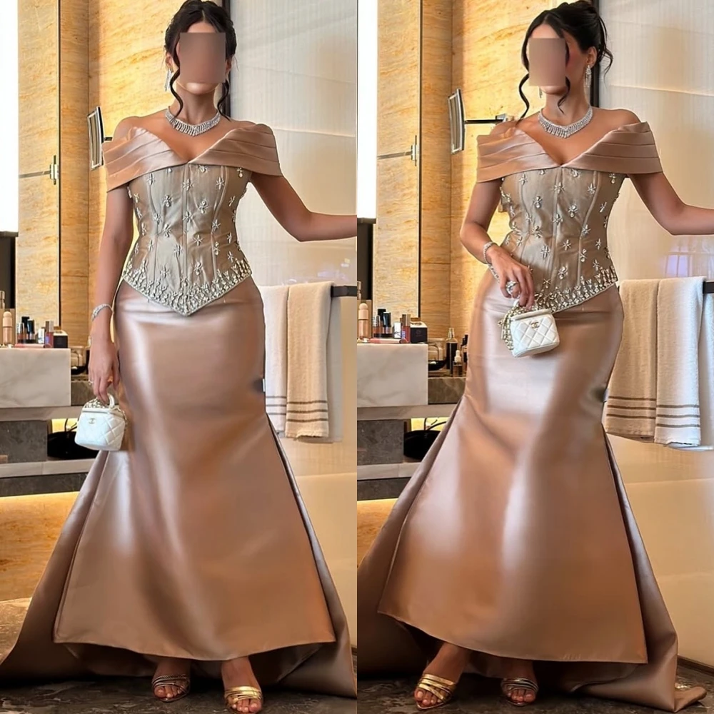 

Customized Exquisite Satin V-Neck Evening Dress Simple Off the Shoulder Prom Dresses Sparkly Mermaid Special Occasion Gowns