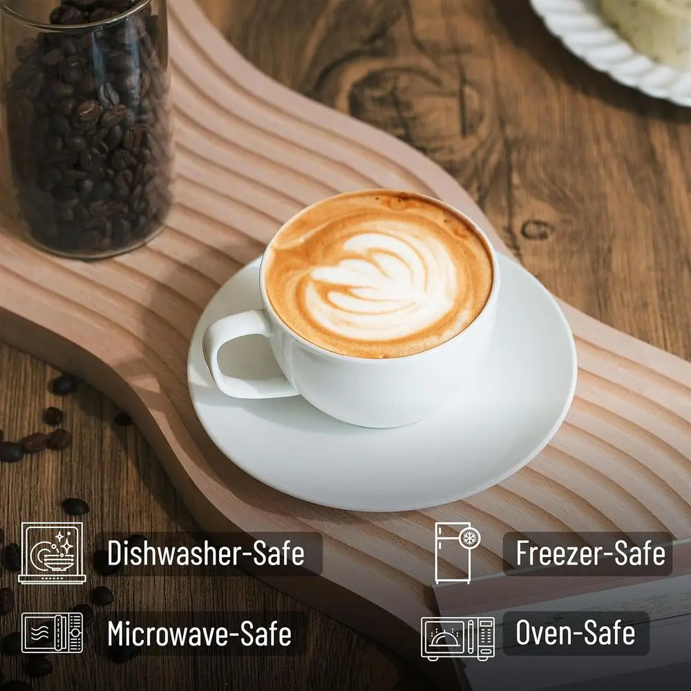 Set of 12 White Porcelain Tea Cups & Saucers, 8oz Capacity