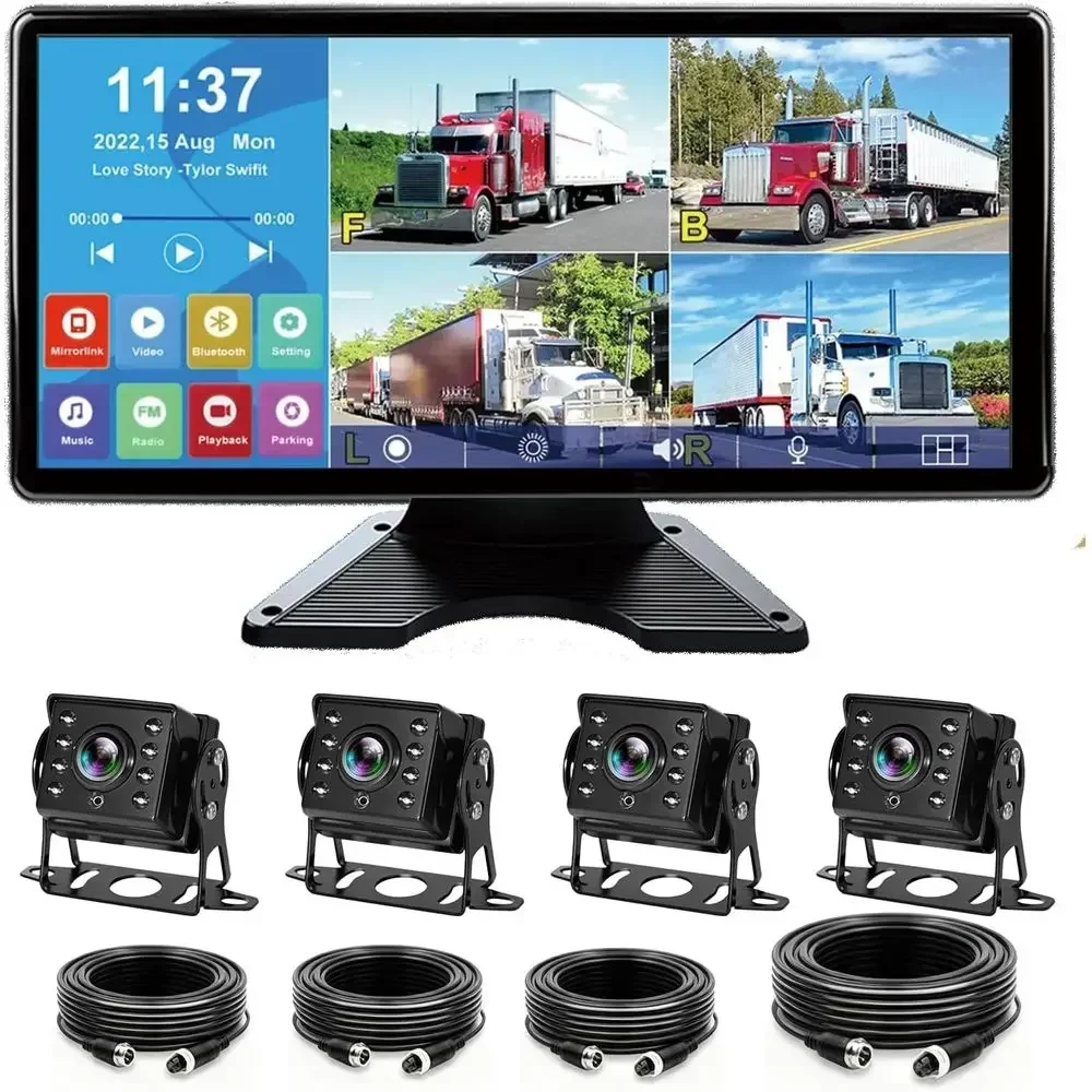 10.36'' 4K RV Backup Camera System with 4 1080P Cameras, Built-in DVR Loop Recording, Bluetooth MP5, Night Vision, IP69 Waterpro