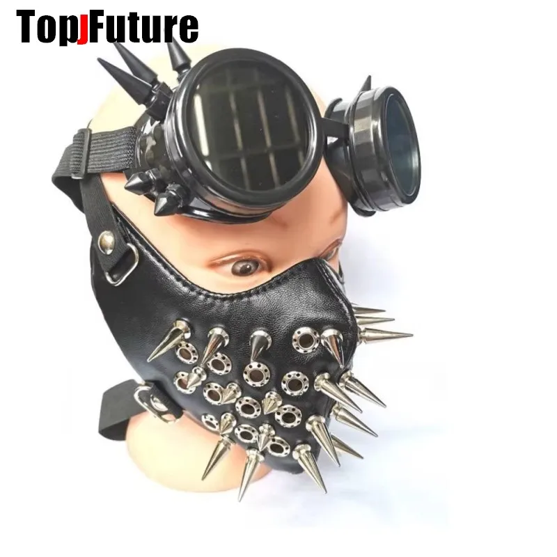 Long Spike Studded Steampunk Leather Biker Rock and row long spikes Performance cosplay party mask Steampunk Goggles Glasses