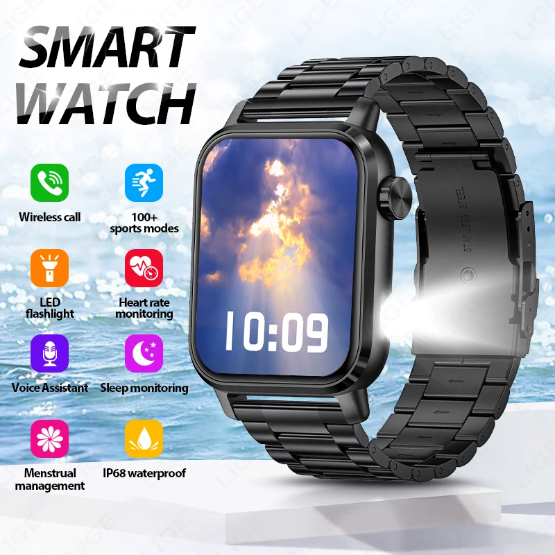 LIGE Smart Watch Sports Fitness Tracker Bluetooth Call Waterproof Health Monitor LED Flashlight Clearance Sale Men's Smartwatch