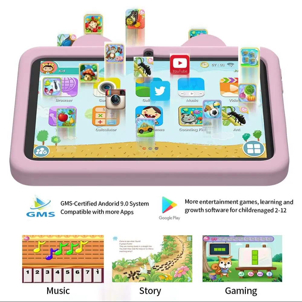 2025-nouvelle coque de dessin animé 7.0 tablette Android adaptée aux enfants comme cadeau 4 Go + 64 Go système Android 9 4000 mAh