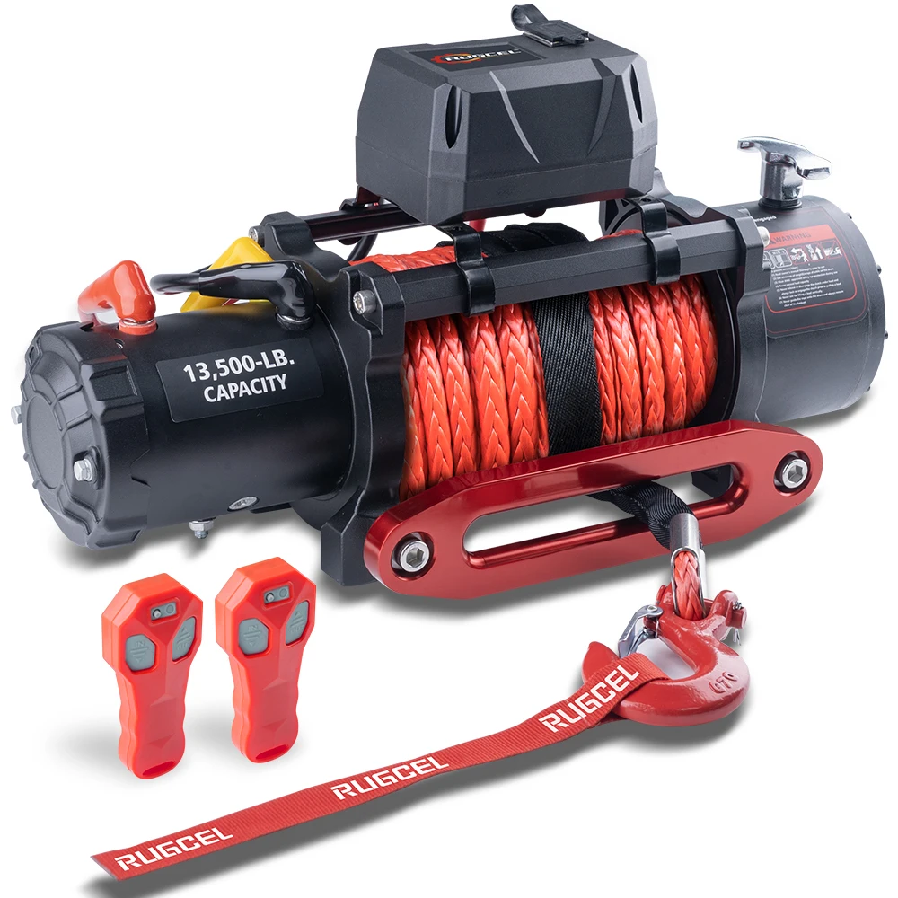 RUGCEL WINCH 13500lb Waterproof Electric Truck Winch 12V Synthetic Rope Winch with Hawse Fairlead,Wired Handle and 2 Wirele