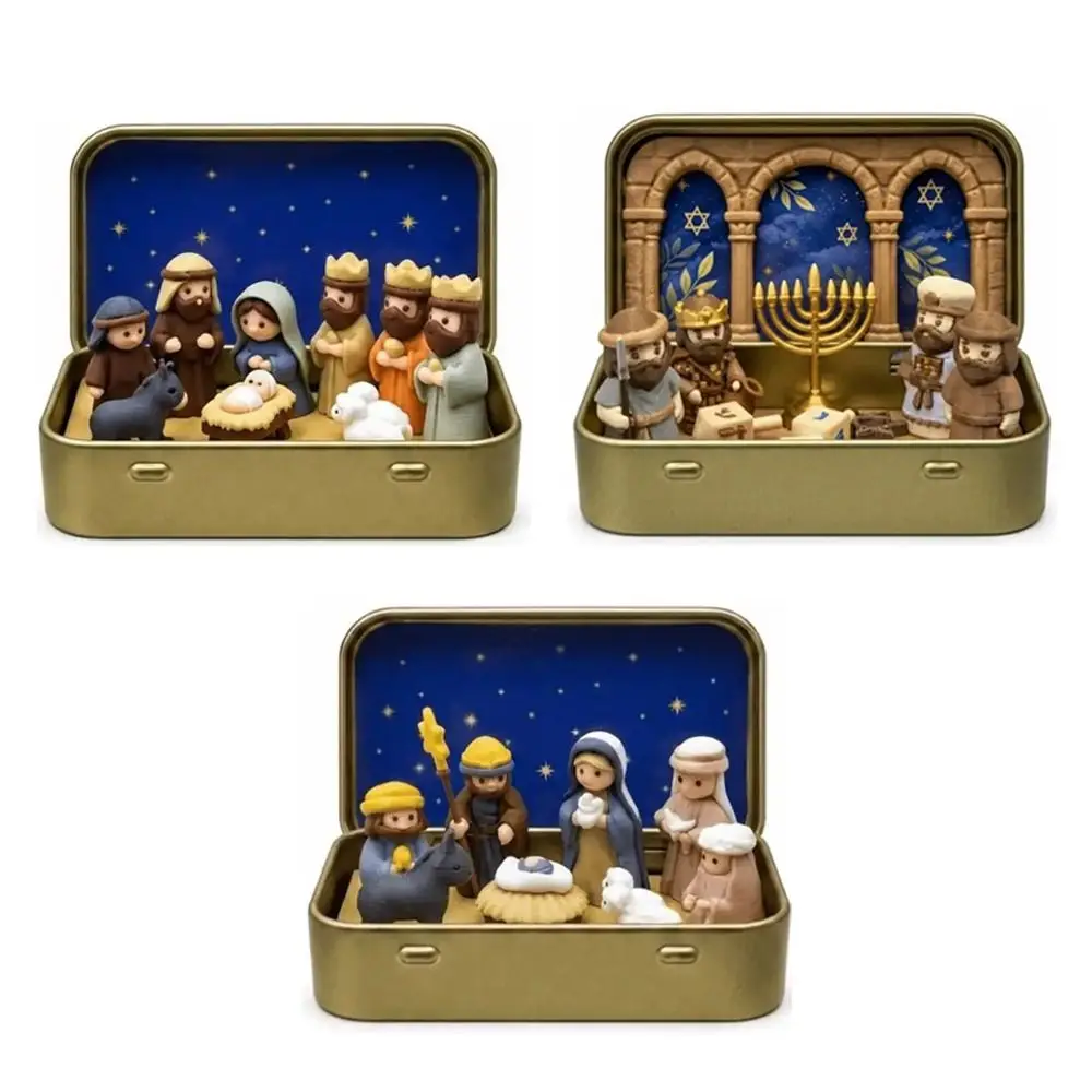 1 Set 3D Printed Christmas Nativity Set Mini Size Metal Tin Box Nativity Scene Portable Storage Case Christmas Trough Set