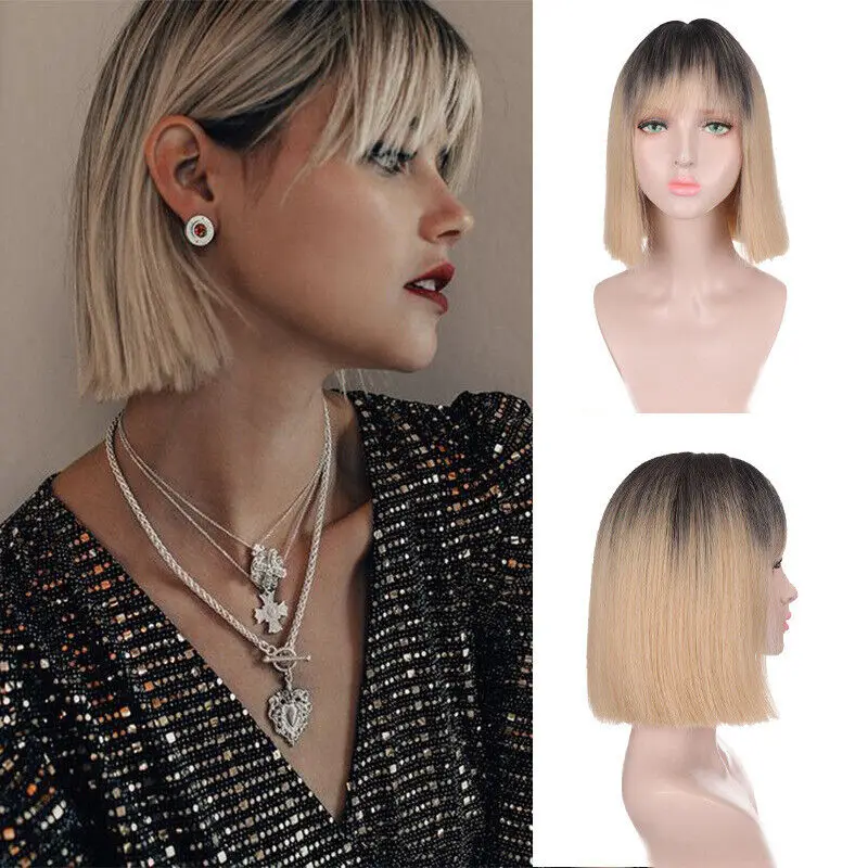 Women Short Straight Bob  With Bangs Hair Synthetic Wigs Daily Wear Cos Wigs